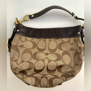 SOLD COACH ZOE Shoulder Bag Signature Jacquard Khaki & Mahogany Leather Hobo